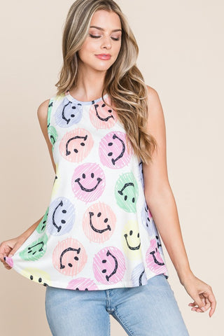 Shop BOMBOM Smiley Face Round Neck Tank - High-Quality U.S. Made Women’s Fashion with Free & Fast Shipping