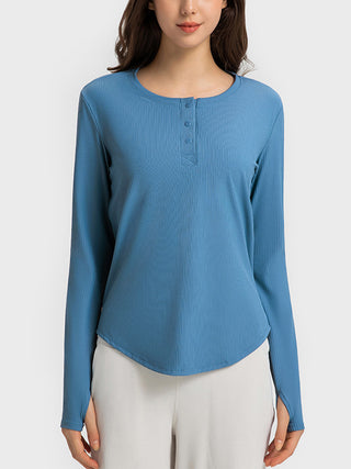 Shop Sky Blue Millennia Round Neck Long Sleeve Sport Top - High-Quality U.S. Made Women’s Fashion with Free & Fast Shipping