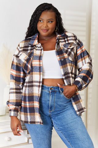 Shop Dark Blue Double Take Plaid Button Front Shirt Jacket with Breast Pockets - High-Quality U.S. Made Women’s Fashion with Free & Fast Shipping