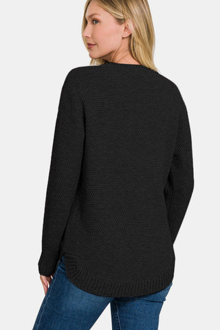 Shop Zenana Ful Size Round Neck Long Sleeve Curved Hem Sweater - High-Quality U.S. Made Women’s Fashion with Free & Fast Shipping