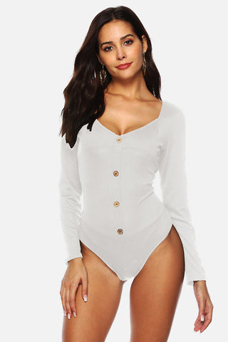 Shop White Button Detail Bodysuit - High-Quality U.S. Made Women’s Fashion with Free & Fast Shipping