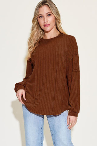 Shop Basic Bae Full Size Ribbed Round Neck Long Sleeve T-Shirt - High-Quality U.S. Made Women’s Fashion with Free & Fast Shipping