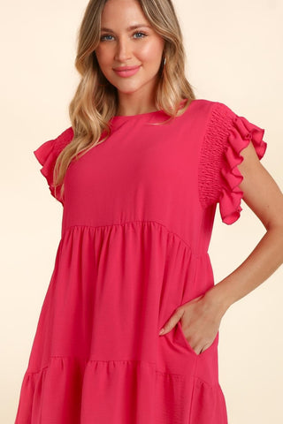 Shop Haptics Full Size Smocking Ruffle Short Sleeve Dress with Pockets - High-Quality U.S. Made Women’s Fashion with Free & Fast Shipping