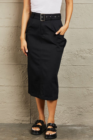 Shop Black HYFVE Professional Poise Buckled Midi Skirt - High-Quality U.S. Made Women’s Fashion with Free & Fast Shipping