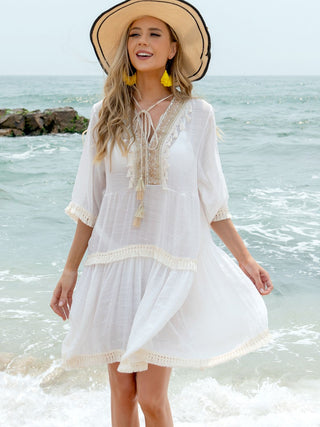 Shop White One Size Tassel Lace Detail Half Sleeve Cover-Up Dress - High-Quality U.S. Made Women’s Fashion with Free & Fast Shipping