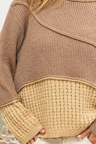 Shop BiBi Texture Detail Contrast Drop Shoulder Sweater - High-Quality U.S. Made Women’s Fashion with Free Fast Shipping