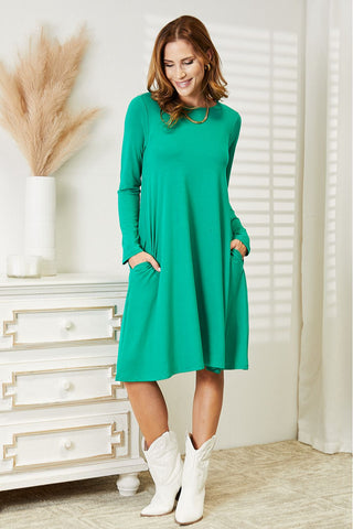 Shop Zenana Full Size Long Sleeve Flare Dress with Pockets - High-Quality U.S. Made Women’s Fashion with Free & Fast Shipping