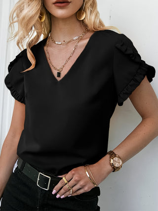 Shop Frill V-Neck Short Sleeve Blouse - High-Quality U.S. Made Women’s Fashion with Free Fast Shipping