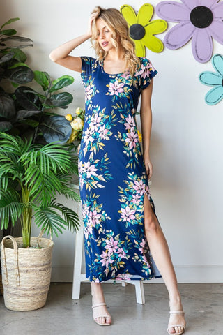 Shop Heimish Full Size Floral Short Sleeve Slit Dress - High-Quality U.S. Made Women’s Fashion with Free & Fast Shipping