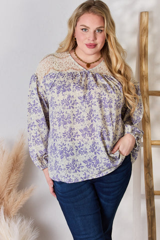 Shop Hailey & Co Full Size Lace Detail Printed Blouse - High-Quality U.S. Made Women’s Fashion with Free & Fast Shipping