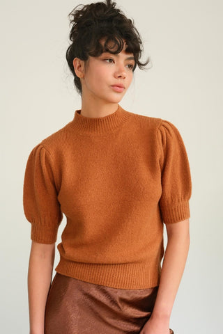 Shop Chocolate HYFVE Mock Neck Puff Sleeve Sweater - High-Quality U.S. Made Women’s Fashion with Free & Fast Shipping