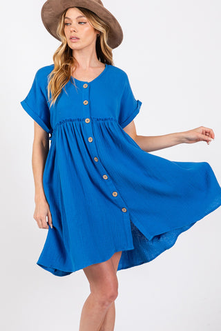 Shop Blue SAGE + FIG Button Up short Sleeve Dress - High-Quality U.S. Made Women’s Fashion with Free & Fast Shipping