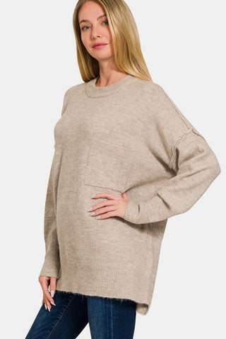 Shop Zenana High-Low Hem Drop Shoulder Sweater - High-Quality U.S. Made Women’s Fashion with Free & Fast Shipping