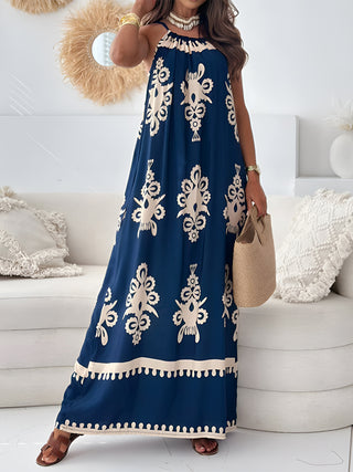 Shop Navy Printed Spaghetti Strap Sleeveless Maxi Dress - High-Quality U.S. Made Women’s Fashion with Free & Fast Shipping