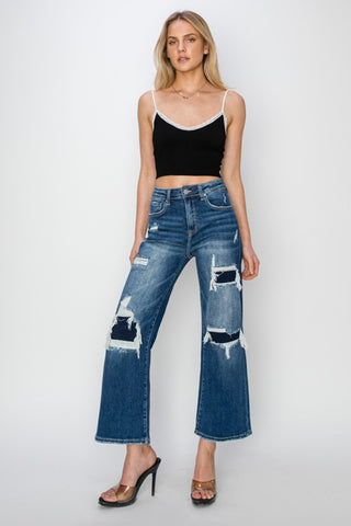 Shop Risen Full Size High Rise Patch Detailed Wide Leg Crop Jeans - High-Quality U.S. Made Women’s Fashion with Free & Fast Shipping