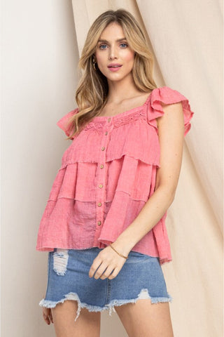 Shop Strawberry ODDI Full Size Buttoned Ruffled Top - High-Quality U.S. Made Women’s Fashion with Free & Fast Shipping