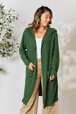 Shop Dark Green Basic Bae Full Size Hooded Sweater Cardigan - High-Quality U.S. Made Women’s Fashion with Free & Fast Shipping