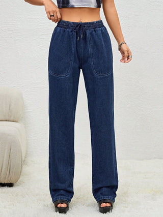 Shop Drawstring Elastic Waist Jeans with Pockets - High-Quality U.S. Made Women’s Fashion with Free & Fast Shipping