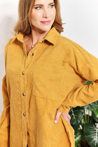 Shop HEYSON Full Size Oversized Corduroy Button-Down Tunic Shirt with Bust Pocket - High-Quality U.S. Made Women’s Fashion with Free & Fast Shipping