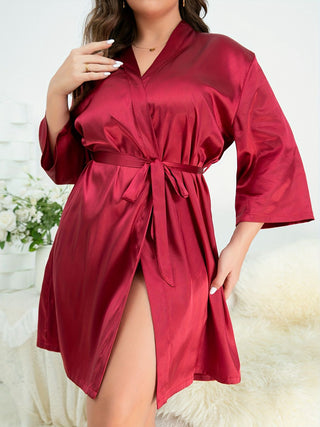 Shop Plus Size Surplice Neck Tie Waist Robe - High-Quality U.S. Made Women’s Fashion with Free & Fast Shipping