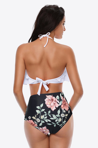 Shop Two-Tone Ruffled Halter Neck Two-Piece Swimsuit - High-Quality U.S. Made Women’s Fashion with Free & Fast Shipping