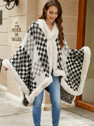 Shop Checkered Faux Fur Trim Poncho - High-Quality U.S. Made Women’s Fashion with Free & Fast Shipping