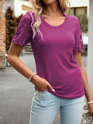 Shop Devine Lace Detail Round Neck Short Sleeve T-Shirt - High-Quality U.S. Made Women’s Fashion with Free Fast Shipping