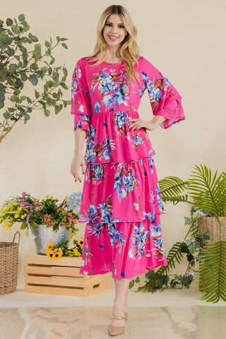 Shop Celeste Full Size Floral Ruffle Tiered Midi Dress - High-Quality U.S. Made Women’s Fashion with Free & Fast Shipping