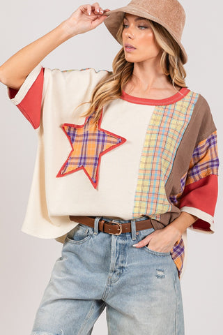 Shop Berry SAGE + FIG Round Neck Plaid Star Patch T-Shirt - High-Quality U.S. Made Women’s Fashion with Free & Fast Shipping