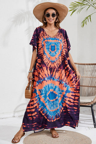 Shop Orange One Size Slit Printed V-Neck Short Sleeve Cover Up - High-Quality U.S. Made Women’s Fashion with Free & Fast Shipping