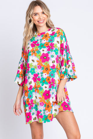 Shop Multi GeeGee Full Size Floral Round Neck Lantern Sleeve Mini Dress - High-Quality U.S. Made Women’s Fashion with Free & Fast Shipping