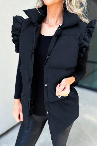 Shop Black MeiMei Ruffled Snap Down Mock Neck Vest Coat - High-Quality U.S. Made Women’s Fashion with Free & Fast Shipping