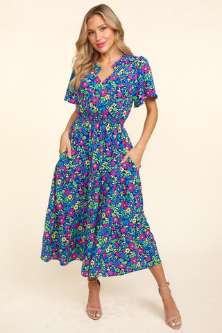 Shop Navy Haptics Printed Notched Short Sleeve Dress with Pockets - High-Quality U.S. Made Women’s Fashion with Free & Fast Shipping