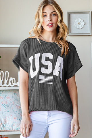 Shop Charcoal Heimish Full Size USA Graphic Short Sleeve Ribbed Top - High-Quality U.S. Made Women’s Fashion with Free & Fast Shipping