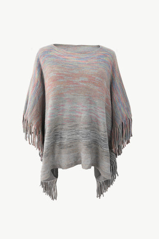 Shop Charcoal One Size Round Neck Fringe Detail Poncho - High-Quality U.S. Made Women’s Fashion with Free & Fast Shipping