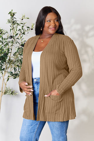 Shop Basic Bae Full Size Ribbed Open Front Cardigan with Pockets - High-Quality U.S. Made Women’s Fashion with Free & Fast Shipping