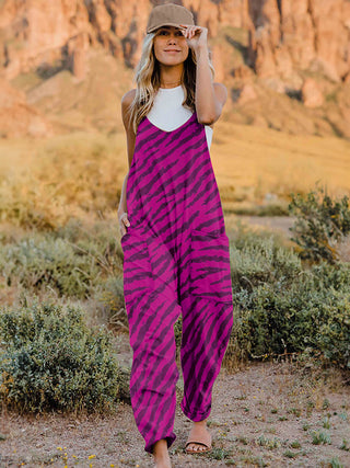 Shop Deep Purple Full Size Printed V-Neck Sleeveless Jumpsuit - High-Quality U.S. Made Women’s Fashion with Free & Fast Shipping