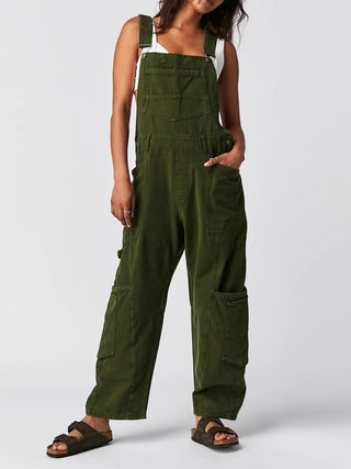 Shop Army Green Pocketed Wide Strap Denim Overalls - High-Quality U.S. Made Women’s Fashion with Free & Fast Shipping