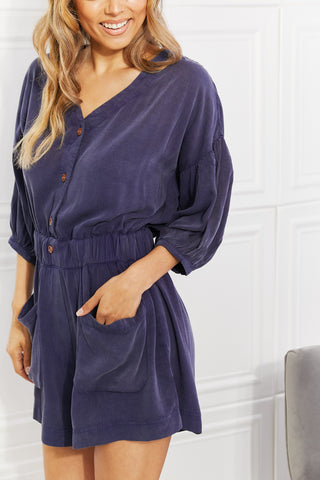 Shop White Birch Full SIze Play It Cool Three-Quarter Sleeve Romper in Blueberry - High-Quality U.S. Made Women’s Fashion with Free & Fast Shipping