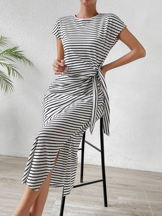 Shop Honey Tied Striped Round Neck Short Sleeve Tee Dress - High-Quality U.S. Made Women’s Fashion with Free Fast Shipping