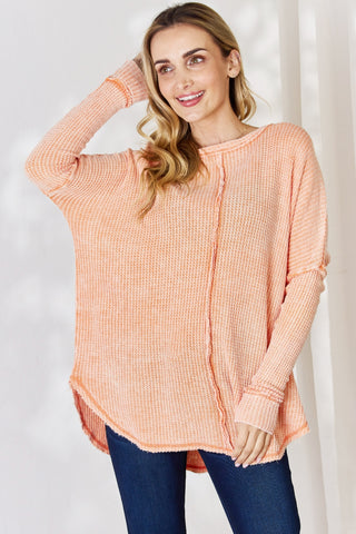 Shop Light Orange Zenana Oversized Washed Waffle Long Sleeve Top - High-Quality U.S. Made Women’s Fashion with Free & Fast Shipping