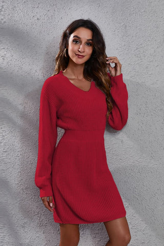 Shop V-Neck Long Sleeve Rib-Knit Sweater Dress - High-Quality U.S. Made Women’s Fashion with Free Fast Shipping