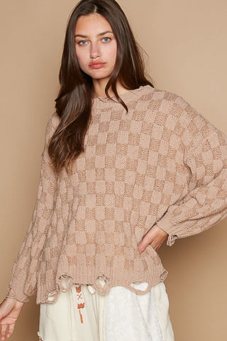 Shop Mocha Beige POL Checkered Distressed Edge Sweater - High-Quality U.S. Made Women’s Fashion with Free & Fast Shipping