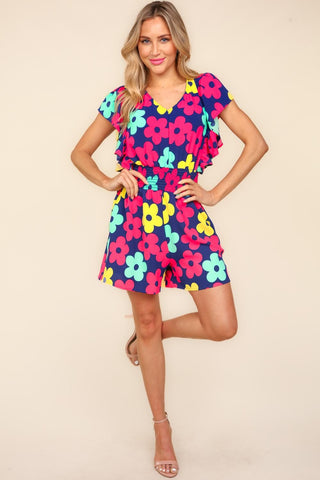 Shop Navy Fuchsia Haptics Floral Smocked Waist Romper with Side Pockets - High-Quality U.S. Made Women’s Fashion with Free & Fast Shipping