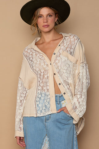 Shop Sand POL Oversize Lace Button-Down Shirt - High-Quality U.S. Made Women’s Fashion with Free & Fast Shipping