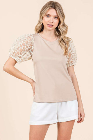 Shop Taupe Mittoshop Round Neck Puff Short Sleeve Top - High-Quality U.S. Made Women’s Fashion with Free & Fast Shipping