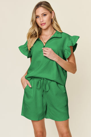 Shop Mid Green Double Take Full Size Texture Flounce Sleeve Top and Drawstring Shorts Set - High-Quality U.S. Made Women’s Fashion with Free & Fast Shipping