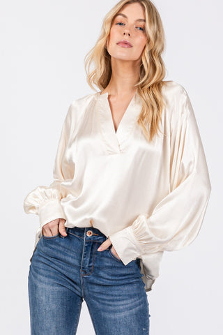 Shop SAGE + FIG Notched Long Sleeve Blouse - High-Quality U.S. Made Women’s Fashion with Free & Fast Shipping