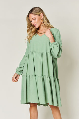 Shop Light Green Double Take Full Size V-Neck Balloon Sleeve Tiered Dress with Pockets - High-Quality U.S. Made Women’s Fashion with Free & Fast Shipping