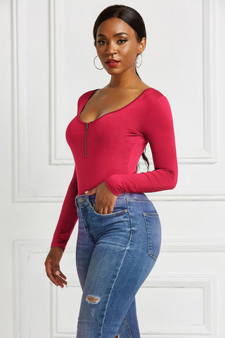 Shop Half Zip Scoop Neck Long Sleeve Bodysuit - High-Quality U.S. Made Women’s Fashion with Free & Fast Shipping